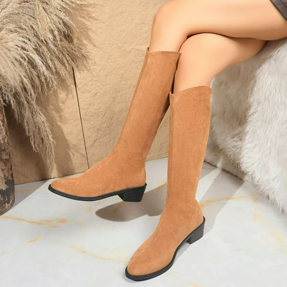 Viluyesy Womens Knee High Boots, Chunky Heels Pointed Toe Back Zipper Classic Suede Leather Boots Khaki US6.5