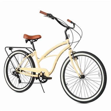 Tracer Bora 26 Inch 7 Speed Beach Cruiser Bikes for Women with Rear Rack - Vanilla