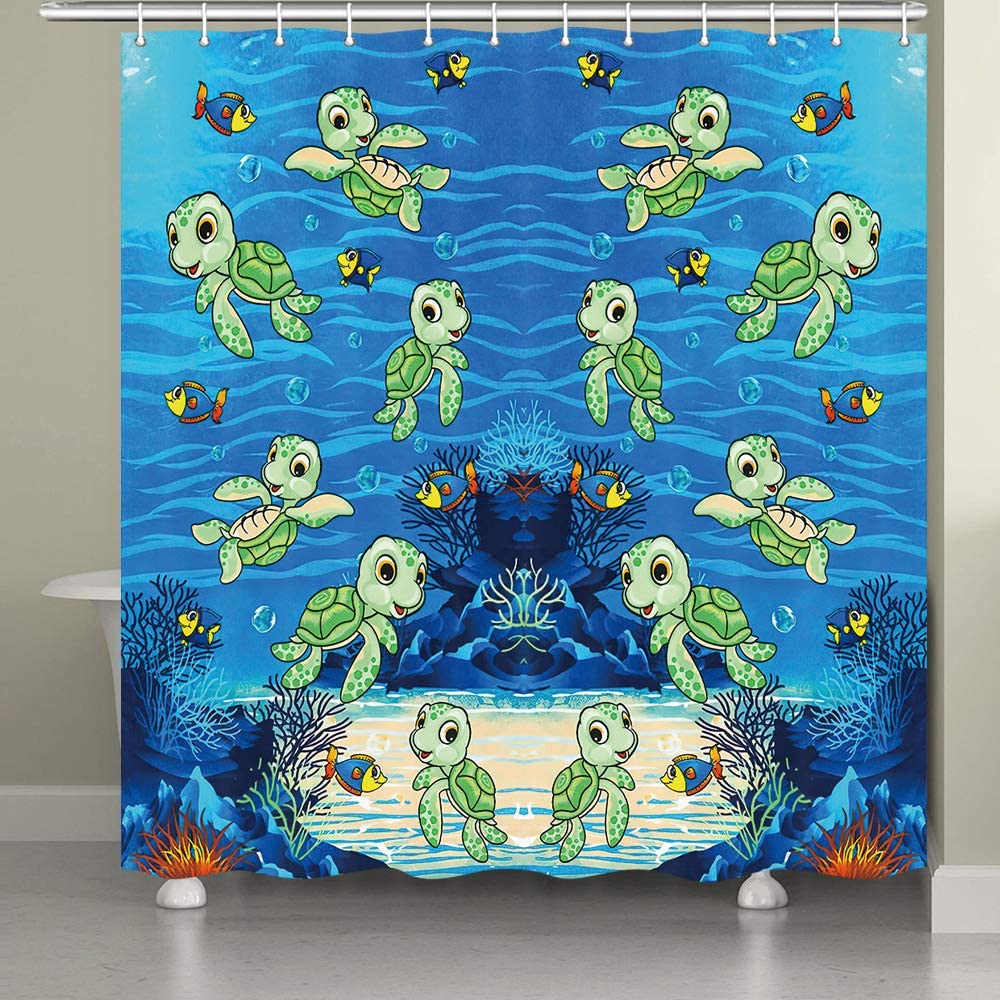 Cartoon Turtle Shower Curtain, Cute Sea Animal in Blue Ocean Shower
