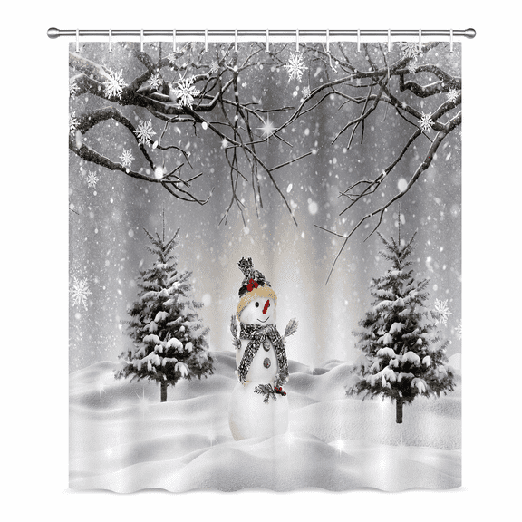 Winter Christmas Snowman Shower Curtains Snow Scene Pine Tree Waterproof Bath Curtain for Bathroom Xmas Holiday Bathroom Shower Curtain Set with Hooks 72x72 Inch