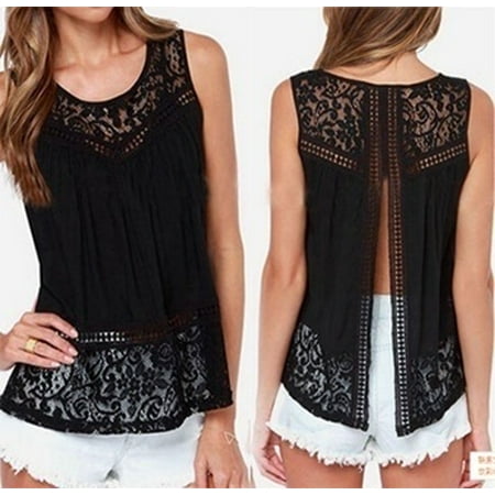Summer Women Fashion Blusas Tops Crochet Lace Vest Blouse Shirt Open Back Sleeveless Shirt Chiffon Tank