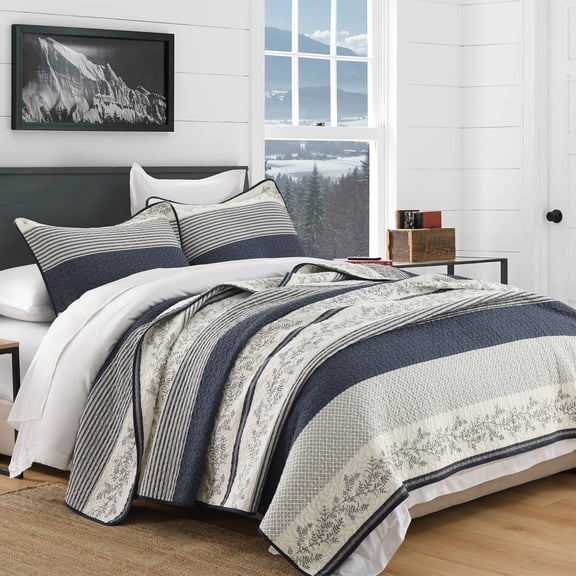 DUOHONG 100% Cotton Quilt Set King Size-106x98 Lightweight Striped Quilt Bedding Set,Reversible Gray Navy Quilted Bedspread Comforter for King Bed,3 Pieces