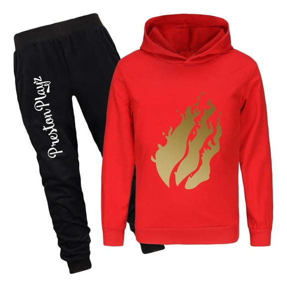 Boys Girls Flame Hoodie Outfit Preston Playz 2 Piece Pullover Sweatshirt and Joggers Set Game Tracksuit for Kids