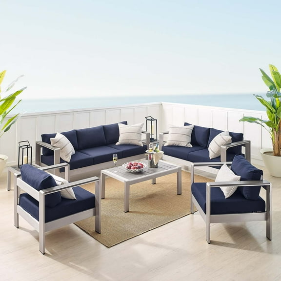 Modway Shore Sunbrella® Fabric Outdoor Patio Aluminum 7 Piece Set in Silver Navy