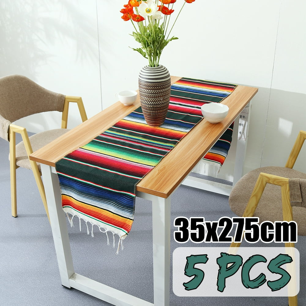 5 Pack Reversible Mexican Table Runner Tablecloth with Tassels for