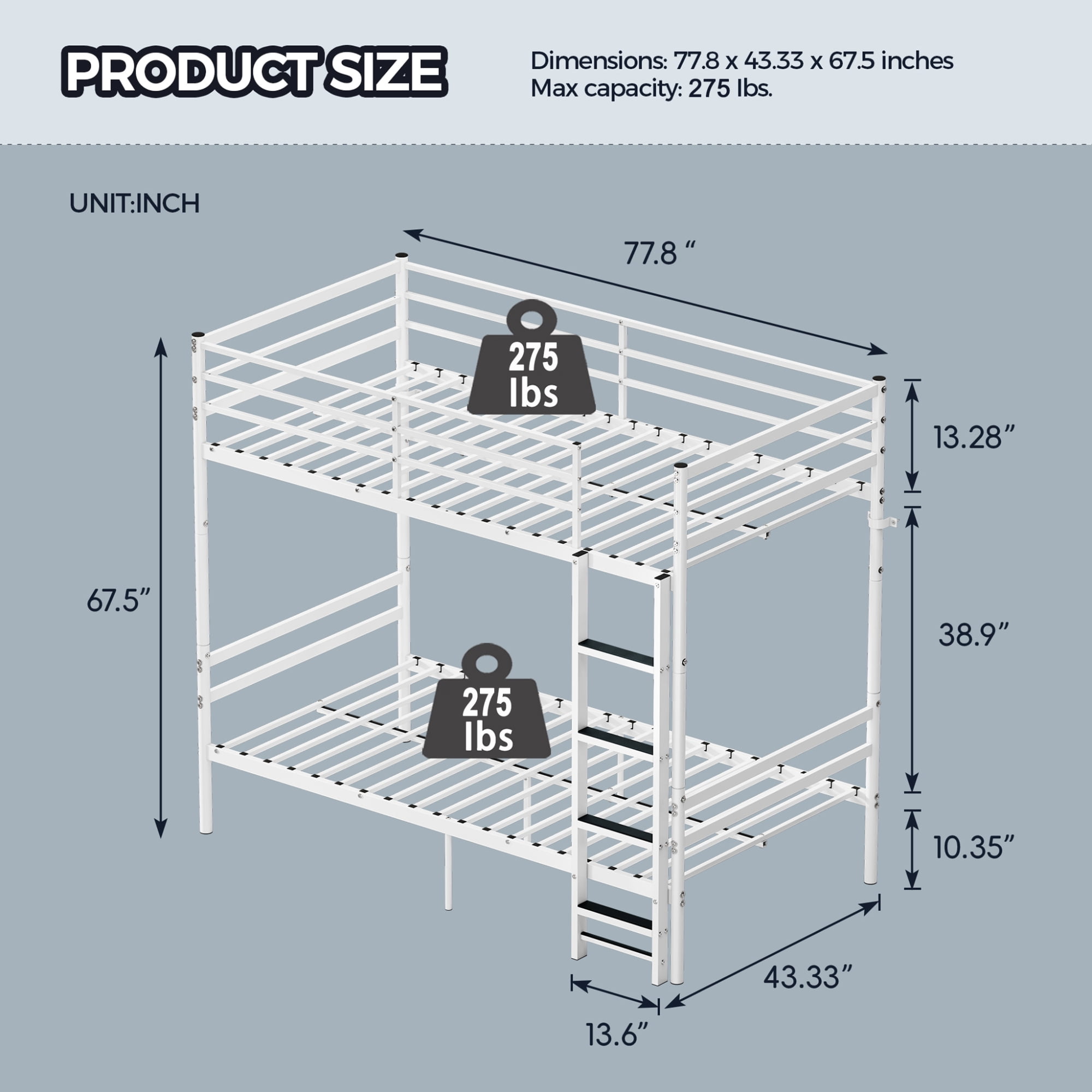 Leumius Metal Bunk Bed Twin Over Twin with Safety Guardraild & Ladder,Sturdy and Durable,No Spring Mattress Required,White