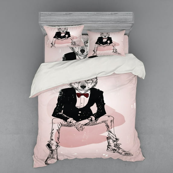 Ambesonne Indie Bedding Set 4 Pcs, Hipster Wild Wolf Glasses, Queen, Pale Pink Burgundy Black