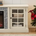 thumbnail image 3 of PAPROOS 70" Fireplace TV Stand for TVs up to 75", Farmhouse Entertainment Center with 23" Electric Fireplace, Faux Stone Media Console with Glass Doors and Adjustable Shelves, White, 3 of 9