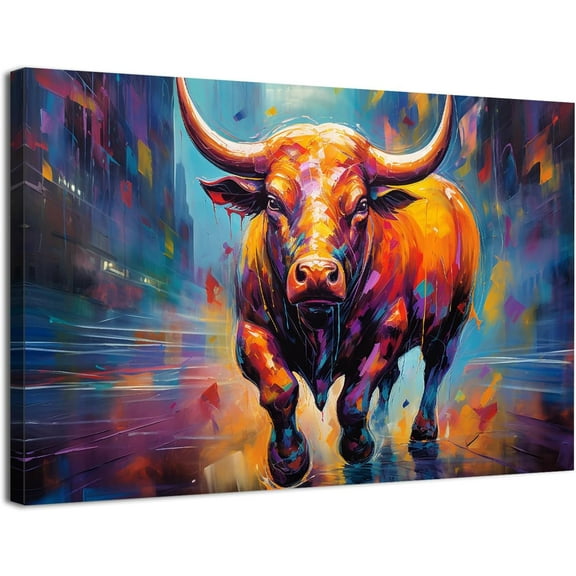 Aaheei Bull Canvas Wall Art for Office Decor Colorful Cow Canvas Painting Modern Inspirational Wall Decor Oil Painting Style Longhorn Cattle Prints Pictures Artwork for Living Room Home Decoration