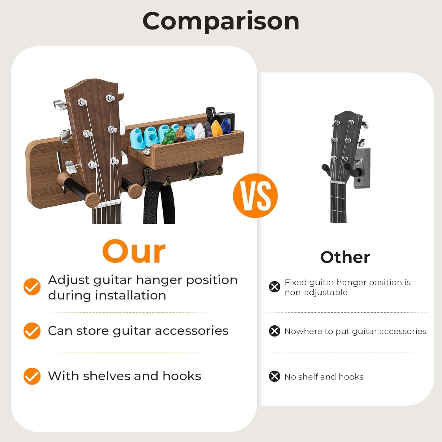 2-Pack Guitar Wall Mount, Adjustable Guitar Hanger Wall Mount with Pick Holder and 2 Hooks Wood Guitar Wall Hangers, Guitar Holder for Acoustic, Electric, Bass, Ukulele(Brown 2PCS)