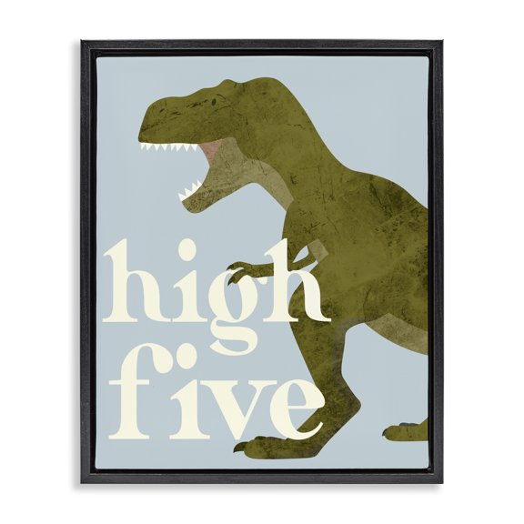 Stupell Industries Contemporary High Five Roaring Dinosaur T-Rex Kids Typography Black Floating Frame Canvas Art, 17 x 21, by Lil' Rue