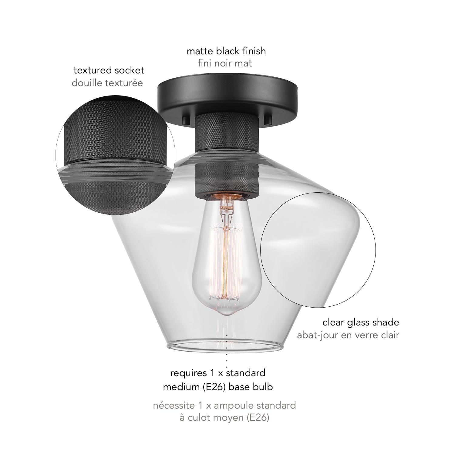 1-Light Matte Black Semi-Flush Mount Ceiling Light with Clear Glass Shade and Diamond Knurl Texture on Socket