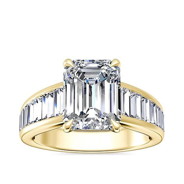 1.50 Carat Excellent Emerald Cut Real Diamond Latest Design Solitaire with Accents Engagement Ring for Ladies Solid 14K Yellow Gold Size 7.5