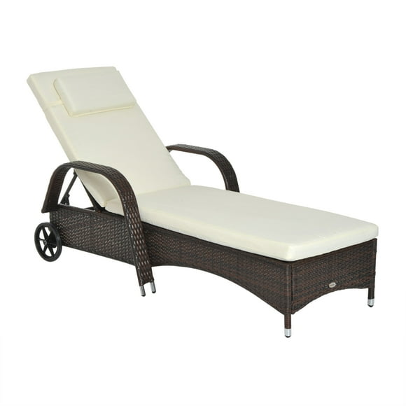 Outsunny Chaise Longue en Osier Chaise Longue Extérieure, Transat en Rotin avec Appuie-Tête, Dossier Réglable à 5 Niveaux, Coussin et Roues, Brun Mixte et Blanc Crème