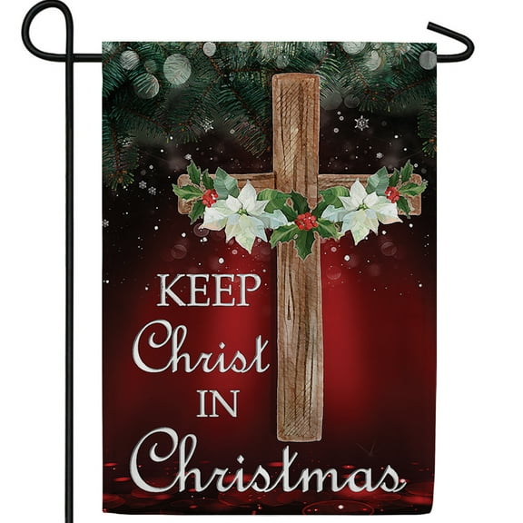 America Forever Christmas Cross Poinsettia Garden Flag, 12.5 x 18 inch Double Sided, Keep Christ in Christmas Religious Decor, Holly Winter Outdoor Yard Banner, Xmas Holiday Seasonal Flag