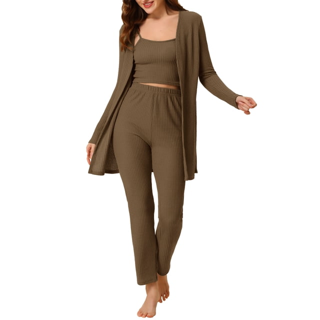 cheibear Ensemble de Pyjama 3 Pcs en Tricot pour Femmes, Cardigan, Pantalon de Détente, TP Marron