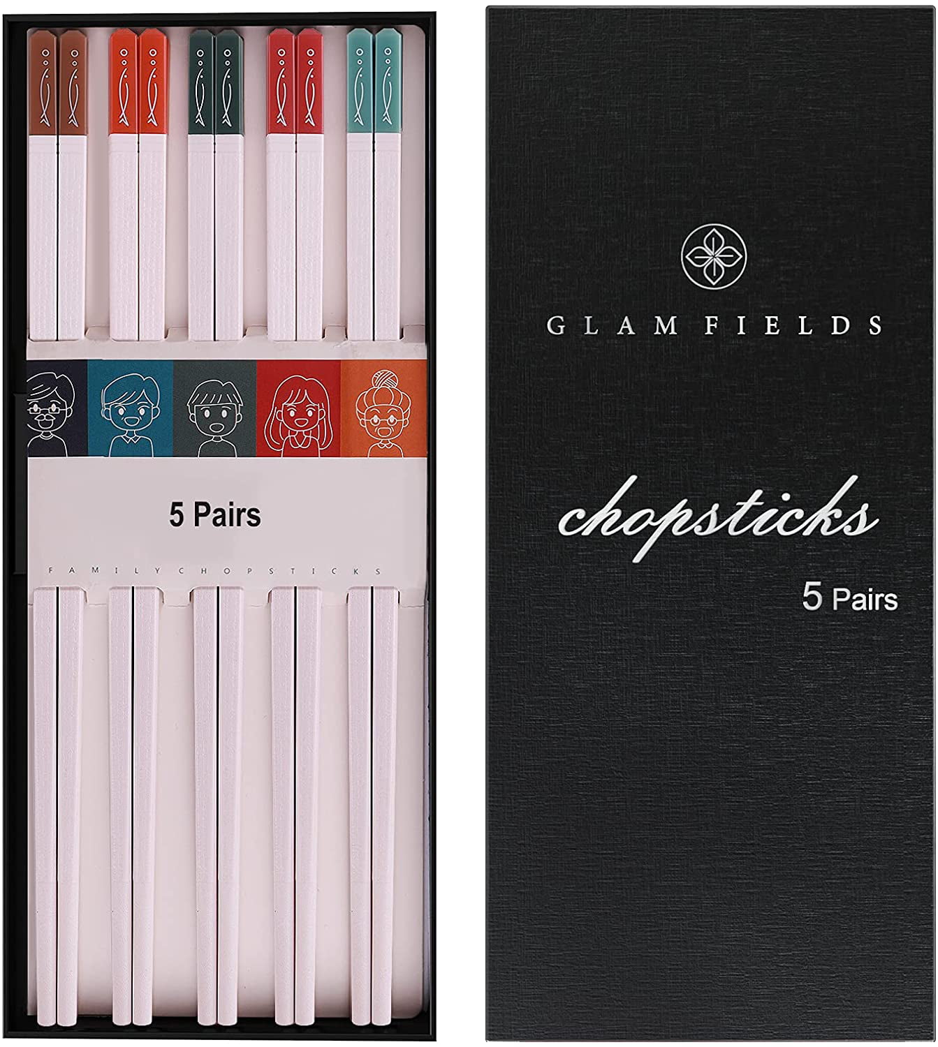 GLAMFIELDS Reusable Chop sticks Dishwasher Safe Non-slip Gift Set Black 9 1/2 inches 5 Pairs Japanese Fiberglass Chopsticks 