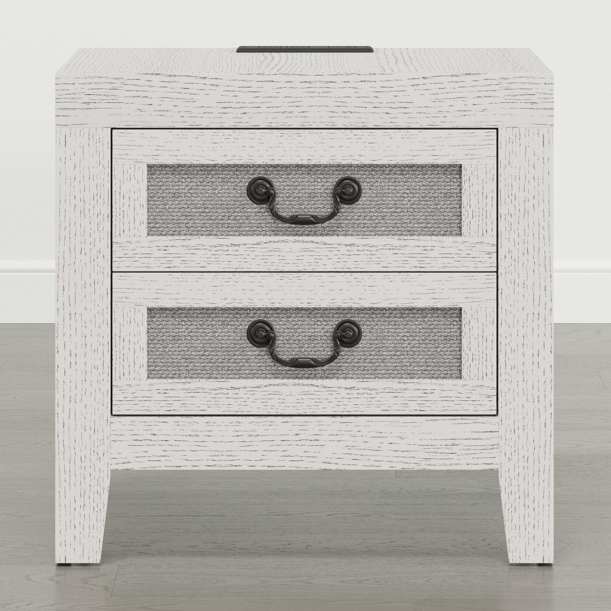 Spruce & Spring Modern Transitional Nightstand, 2-Drawer End Table with Charging Station, Fabric Drawer Front, White Oak Wood Finish