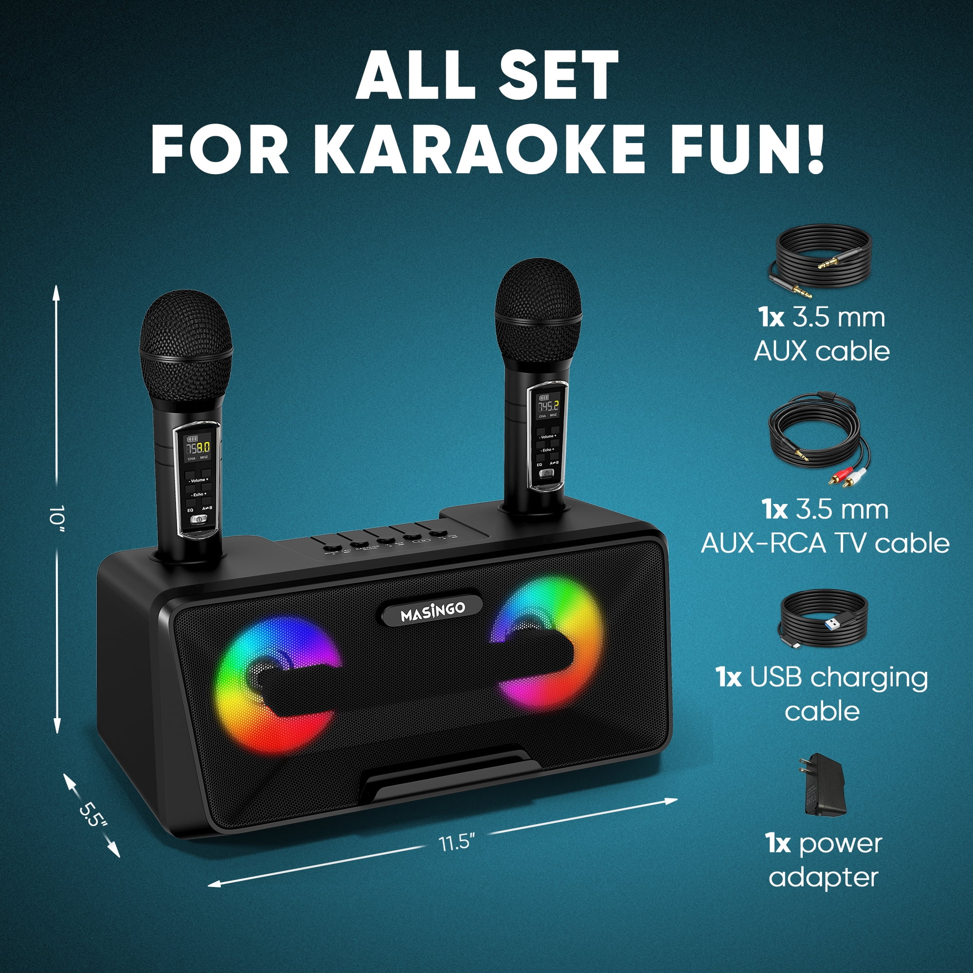 MASINGO Karaoke Machine for Adults and Kids with 2 Wireless Microphones, Portable Bluetooth Singing Speaker, Colorful LED Lights, PA System, Lyrics Display Holder & TV Cable - Presto G2 (Black)