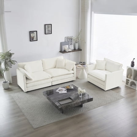 White 2-Piece Upholstered Chenille Sofa Set (Living Room, 2 Seater)