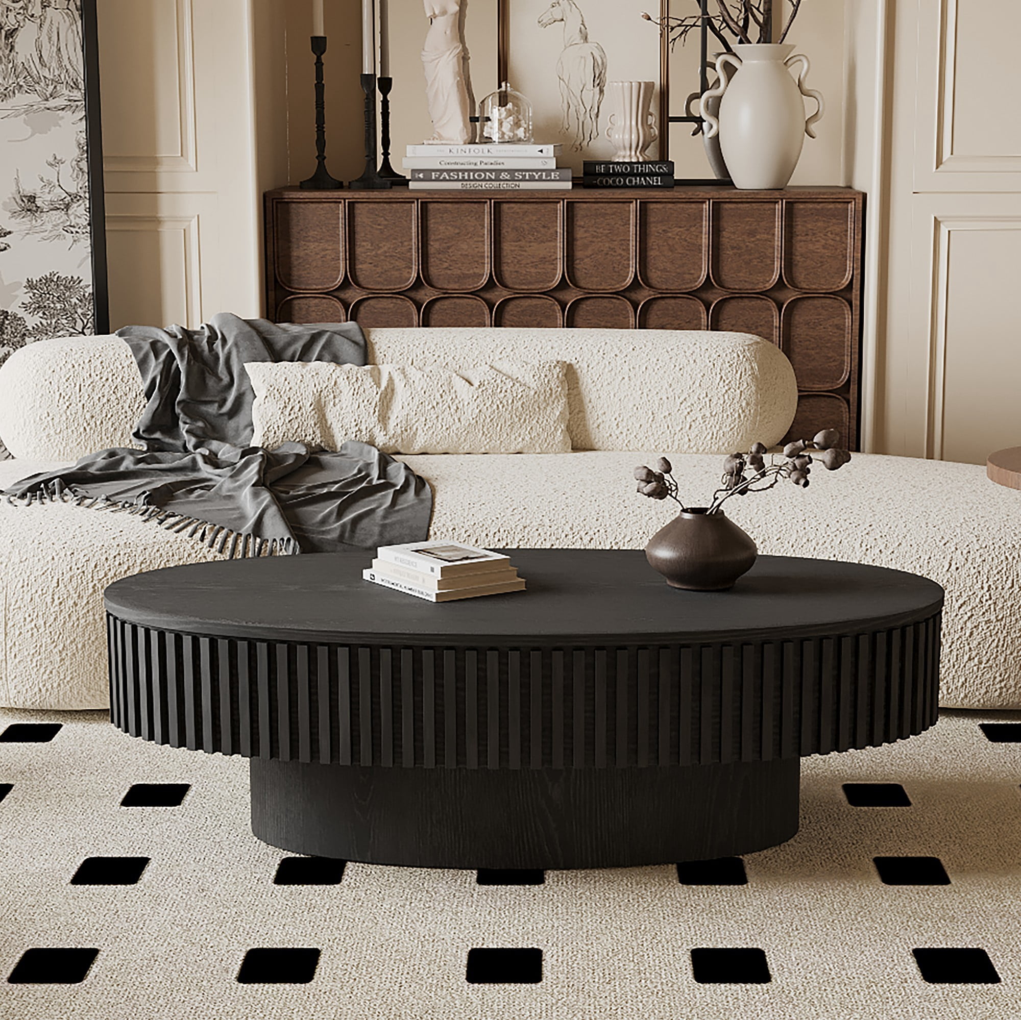 47" Oval Coffee Table with Storage, Fluted Modern Coffee Table with Hidden Storage, Wood Veneer Center Table for Living Room, Black