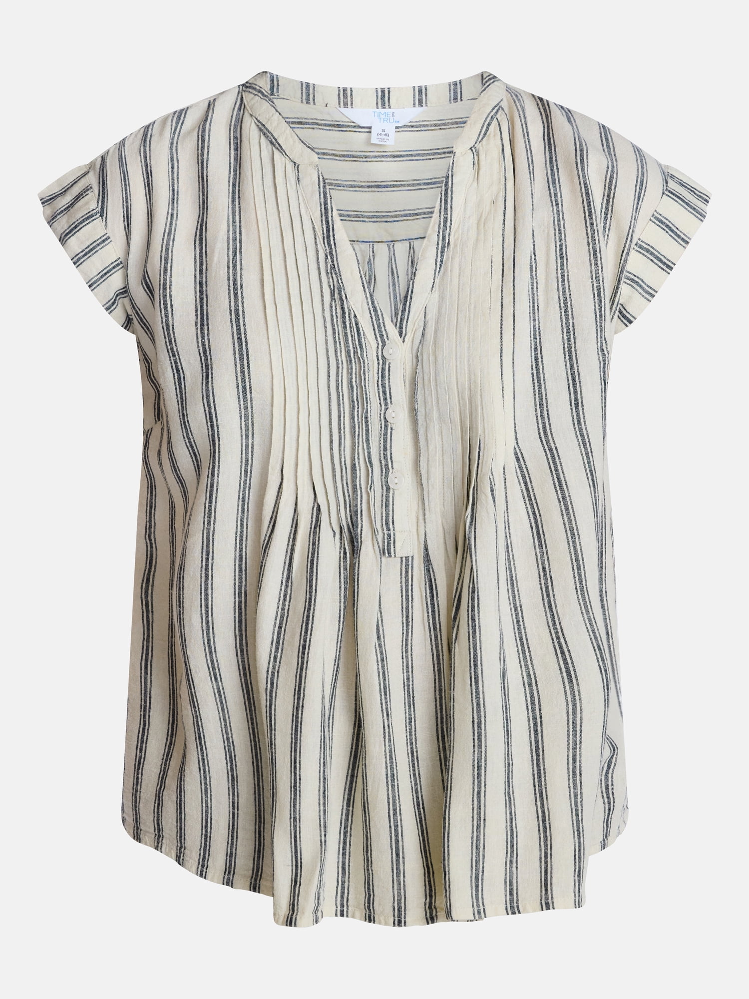 Time and Tru Women's Linen Blend Pintuck Top with Short Sleeves, Size XS-XXXL