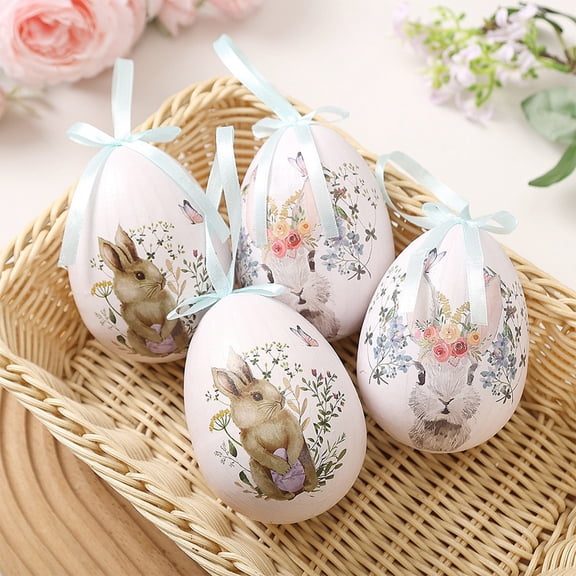 Hanging Easter Egg Ornament for Tree Foam Eggs Easter Ornaments for Basket Decorations Spring DIY Home Table Party Supplies Rabbit and Flower Printed 3.9 In
