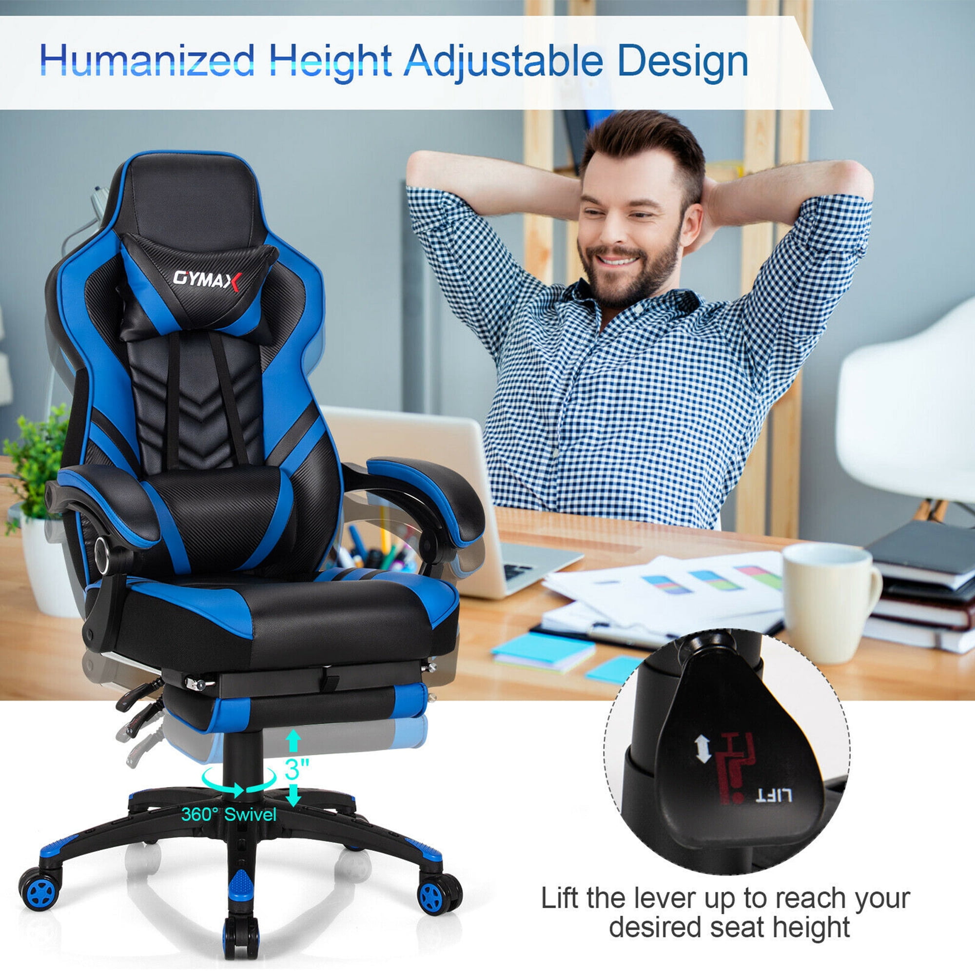 Gymax Office Computer Desk Chair Gaming Chair Adjustable Swivel w/Footrest Blue