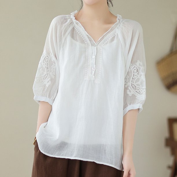 Fiudx Camisas para Mujer Mujer Primavera Verano Color Sólido Casual Suelta Moda Camiseta Siete Mangas Bordado Tops Blusa de Algodón y Lino