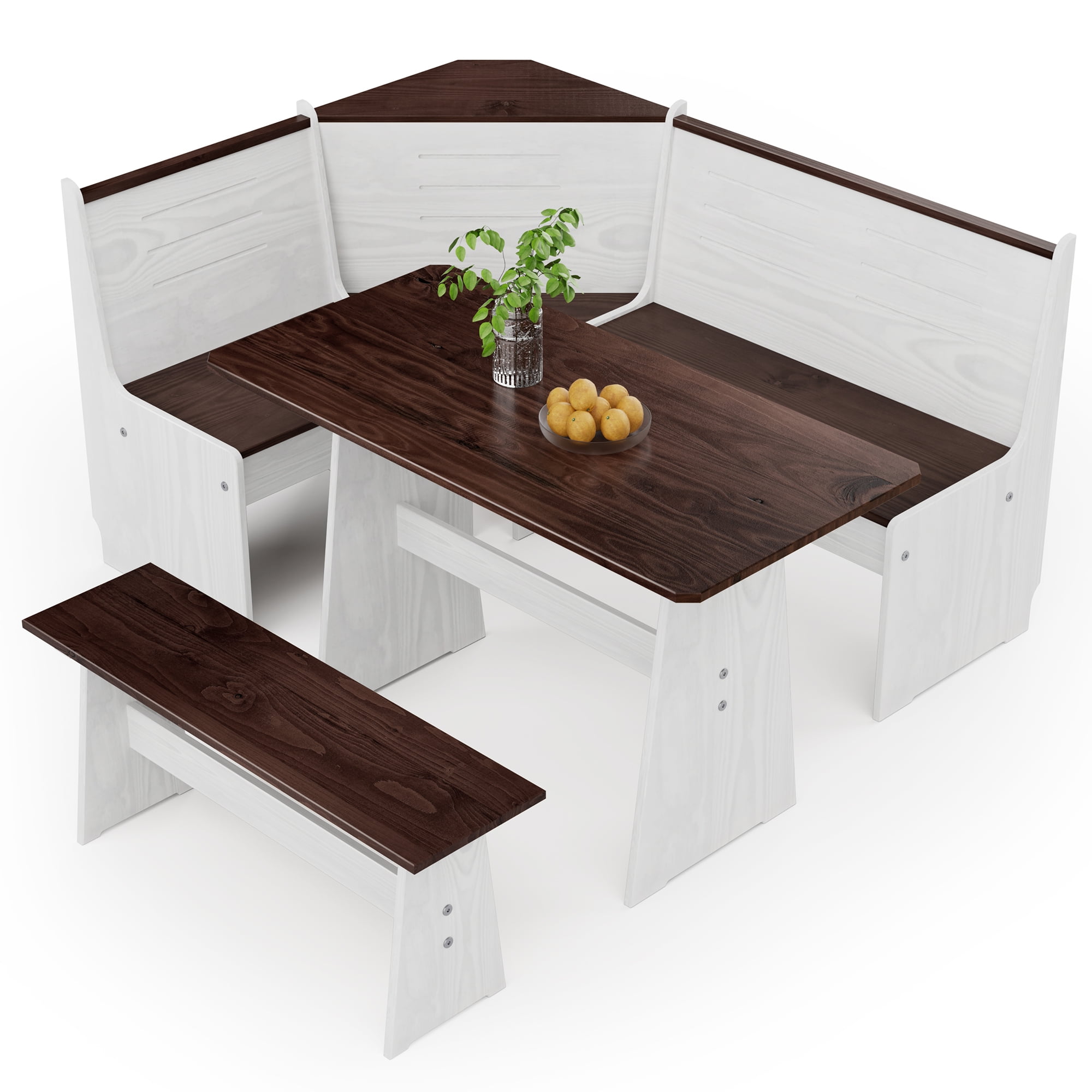 Breakfast Nook Kitchen Corner Dining Table Set, Nook Table Dining Room Sets for 3-5 with Bench, Farmhouse Corner Banquette Seating, White/Brown