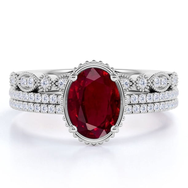 JeenMata Anillo de Trío de Rubíes de Color Rojo Sangre de 2 Quilates de Estilo Art Déco de Talla Ovalada Creados en Laboratorio Engastados en Oro Blanco de 18 K sobre Plata