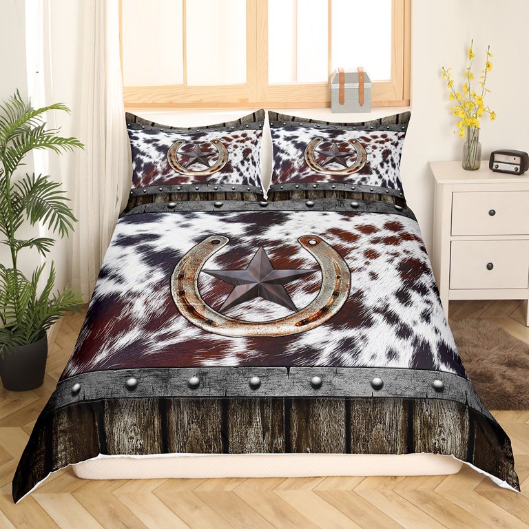 Brown Cowhide Bedding Set For Men Queen,Rustic Farmhouse Horseshoe