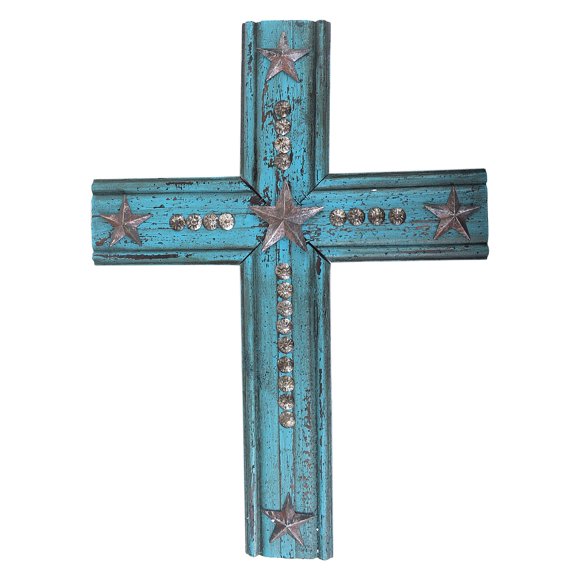 20"" Western Large Turquoise Wood Wall Cross Rusty Fade Away Paint Texas Lone Star