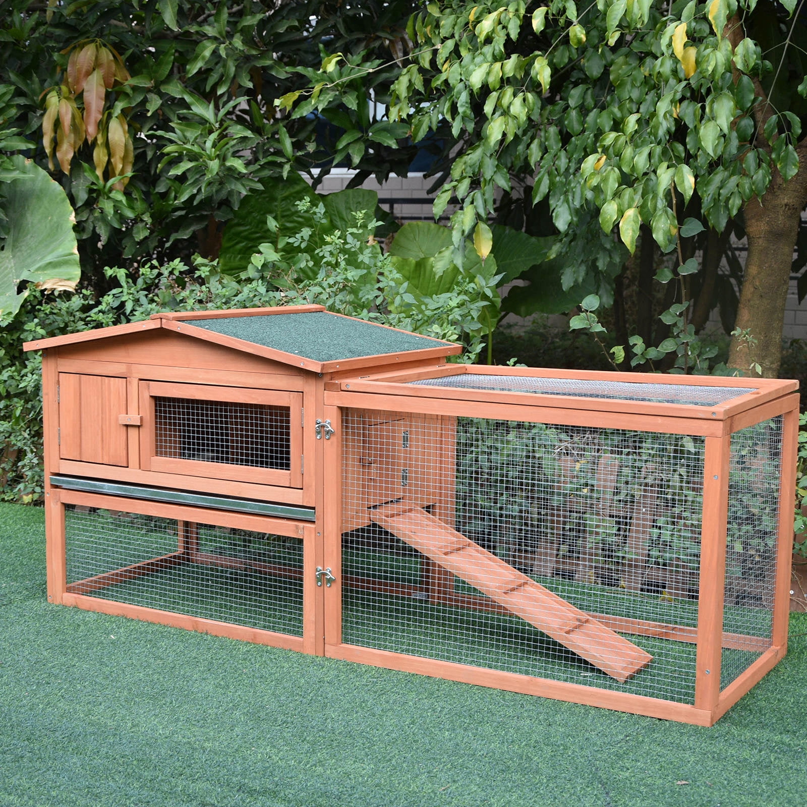 Dog Bed PawHut Rabbit Hutch 2-Story Bunny Cage Small Animal House with Slide Out Tray, Detachable Run, for Indoor Outdoor, 61.5" x 23" x 27", Natural,Large Dog Bed