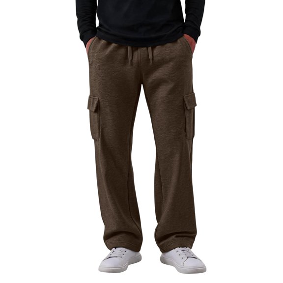 Men's Solid Color Fleece Cargo Sweatpants Loose Fit Wide Leg Sweats with Pockets