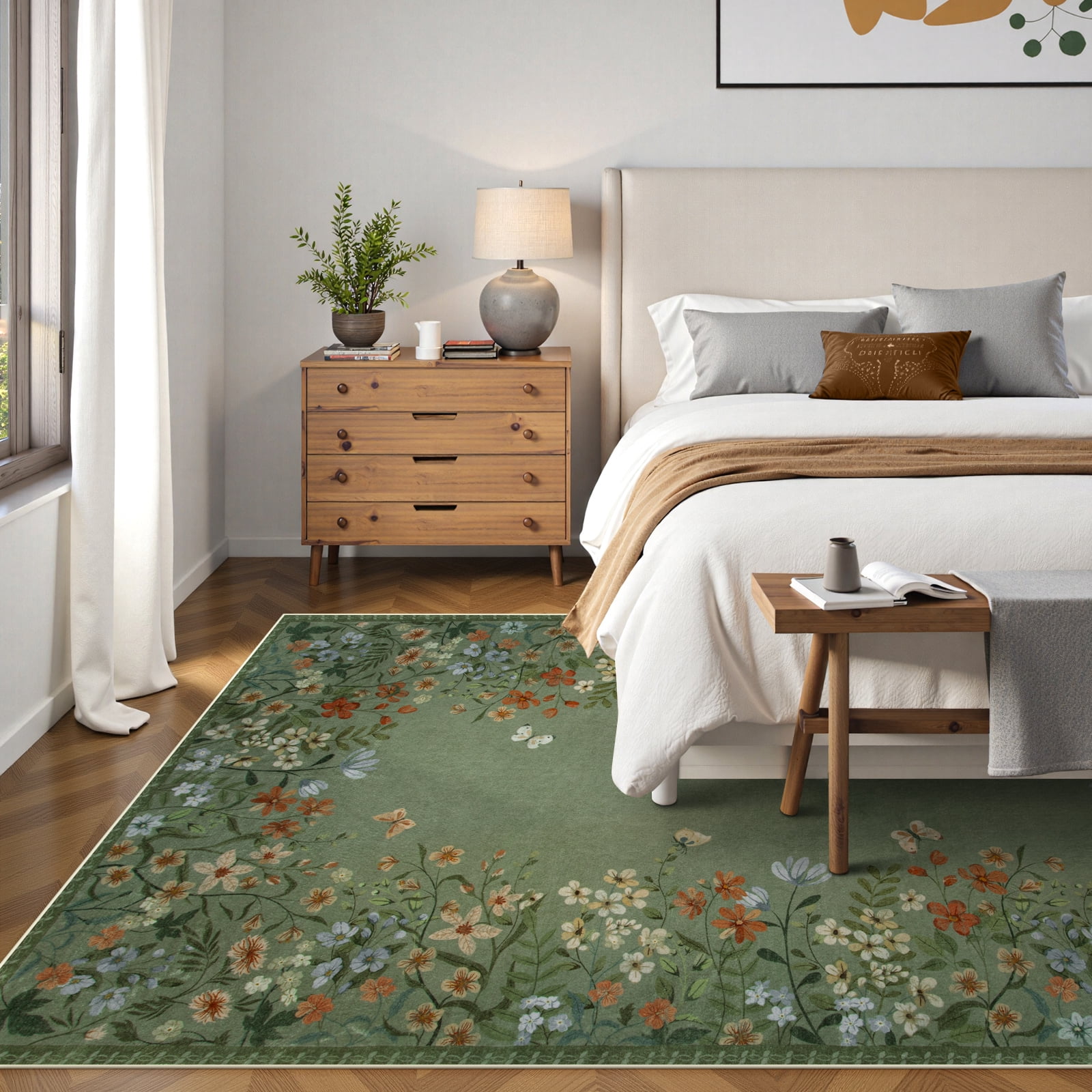 Wonnitar 6'x9' Floral Area Rugs for Living Room, Washable Rugs for Bedroom Vintage Cottagecore Accent Carpet for Dining Room Sunroom Home Office, Soft Non Slip Green