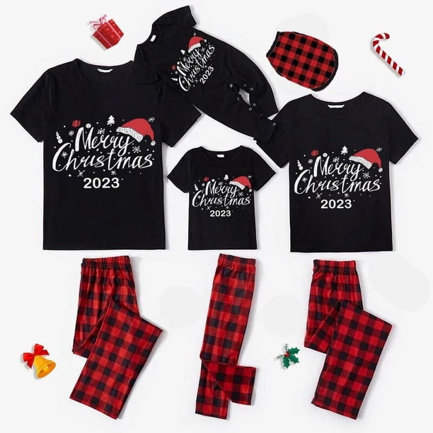 Pijama navideño a juego para toda la familia, conjunto de ropa de dormir con gorro luminoso y eslogan, color negro, 2023
