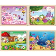 SYNARRY 4-in-1 Wooden Princess Mermaid Puzzles for Kids Ages 3-8, 24pcs Each, FSC Certified Educational Jigsaw Puzzle Set