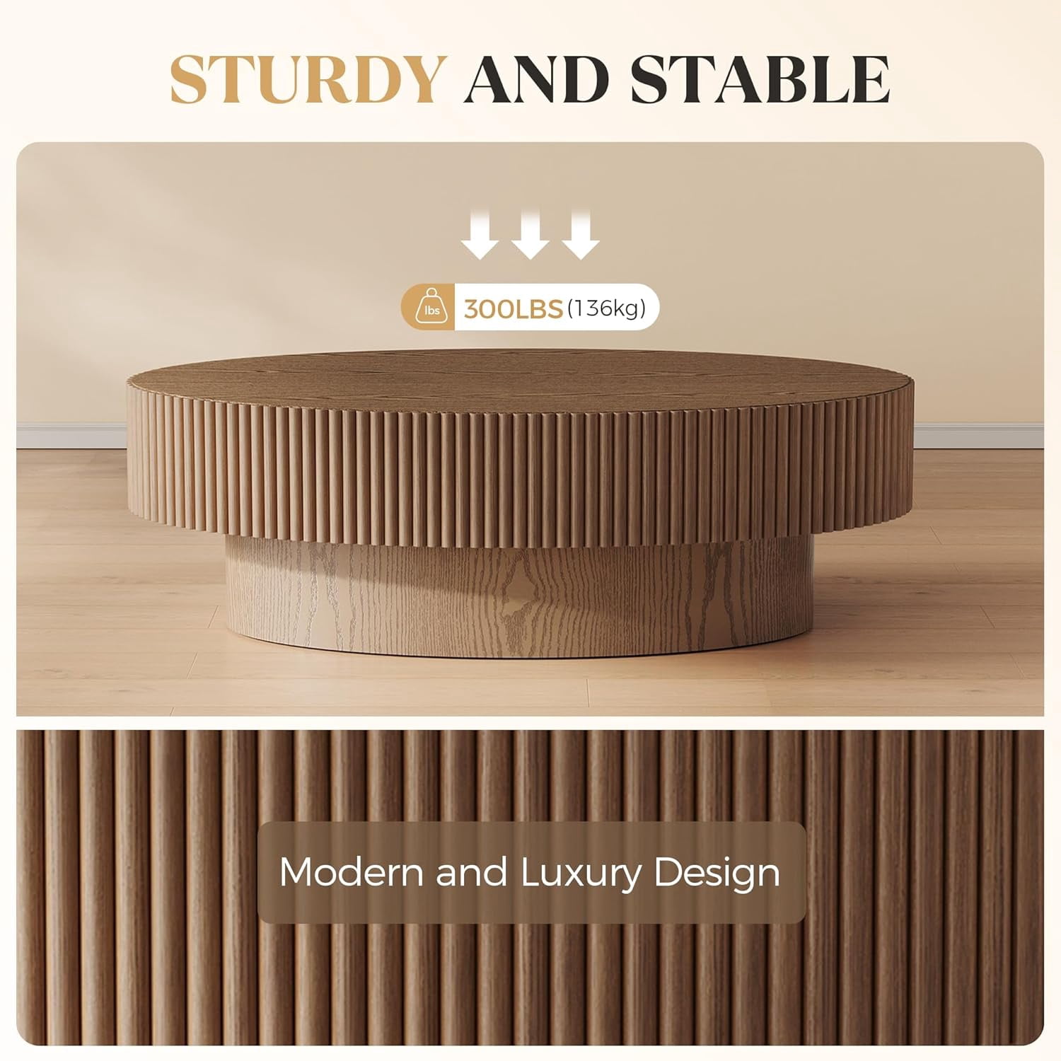Gelloan 43.7" Olive Shape Wood Coffee Table, Modern Fluted Coffee Table for Living Room, Veneer Handcrafted Relief Tea Table with Sturdy Pedestal,Brown