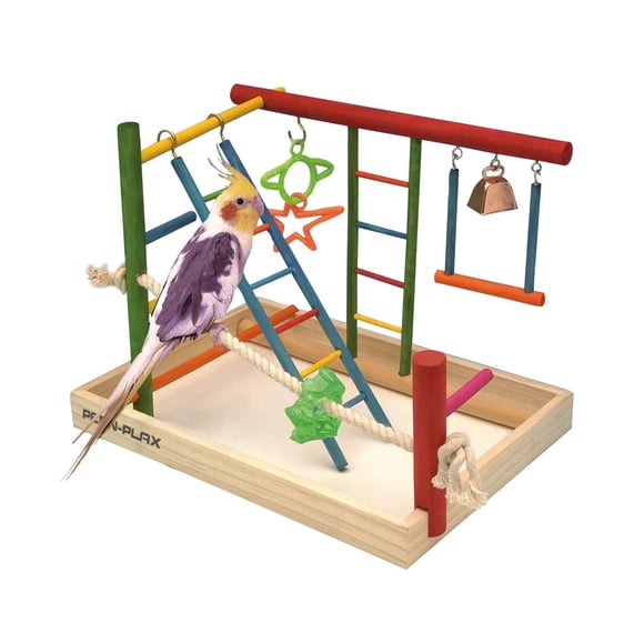 Penn Plax Wood Bird Playpen, Parrot Playstand Bird Playground Perch Gym Ladder with Toys Exercise Play