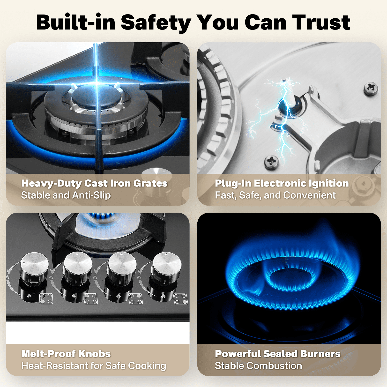 TYEMUI 4 Burners 24 inch Gas Stove Top, Built-in Glass Gas Cooktop Propane Neutral Gas Convertible Stovetop, NG/LPG Dual Fuel Stovetop for Home, RVs