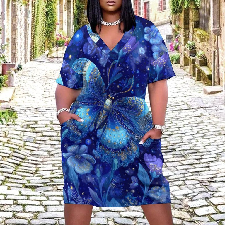Blue Butterfly Gold Flowers Night Sky Women's Loose Short Sleeve Dress  Casual Summer Plus Size Long Dresses with Pockets - Walmart.com