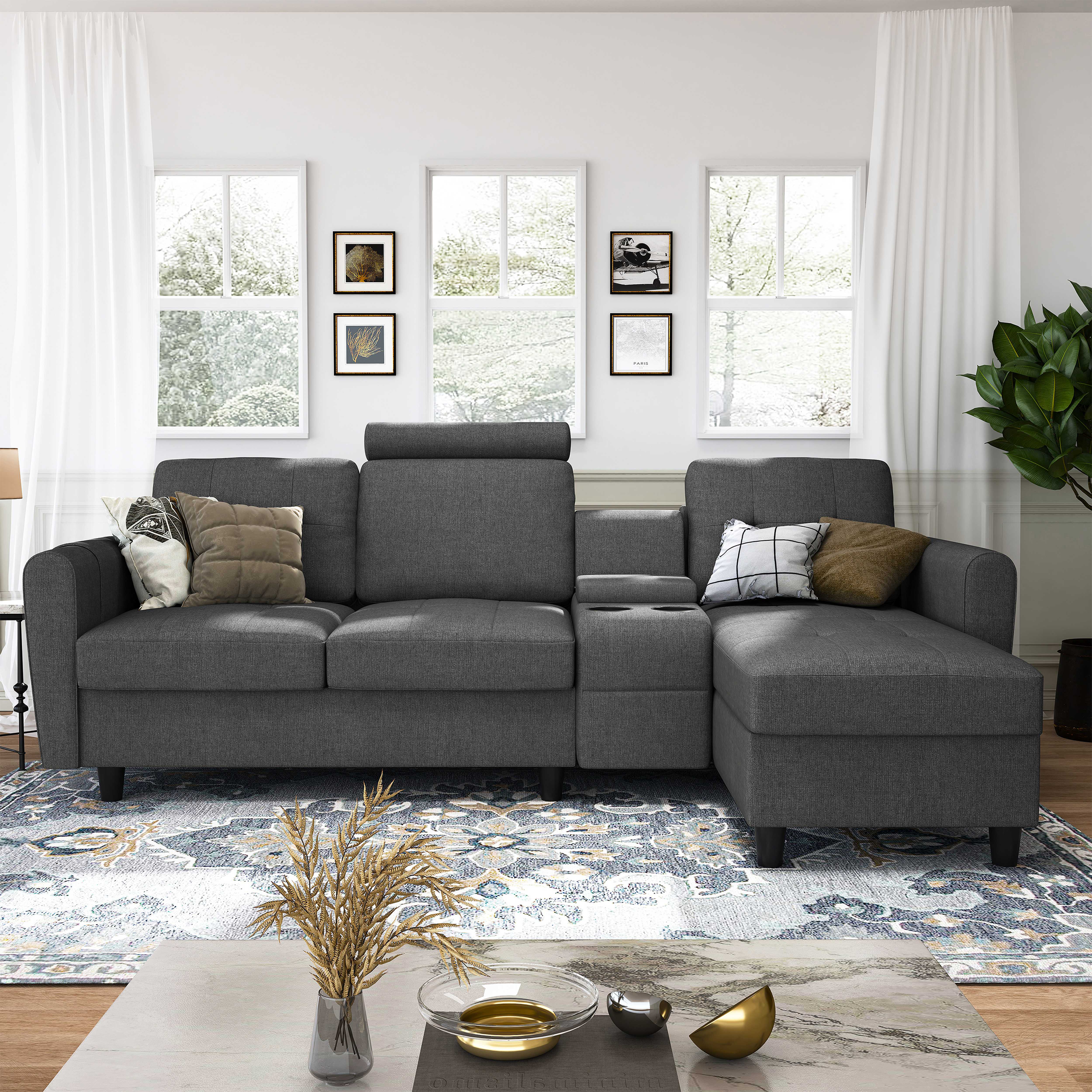 HONBAY Upholstered Fabric Sofa Couch Modern L-Shaped Reversible Sectional Sofa with Cup Holders & Storage Console for Living Room and Office, Dark Grey - image 5 of 10