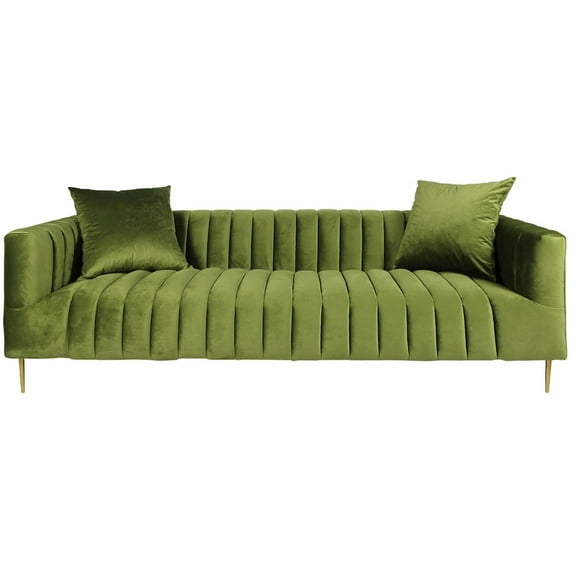 Ruth Sofa in Green Velvet with Gold Tone Metal Legs and 2 Toss Pillows