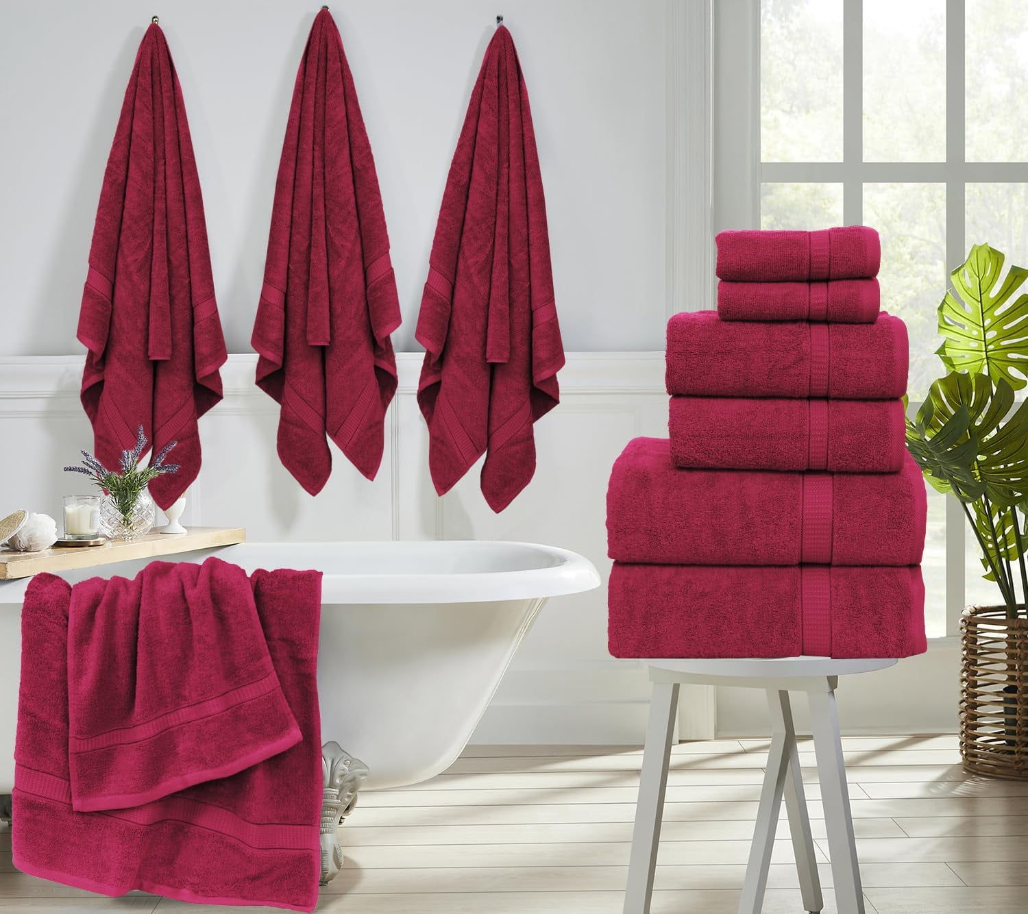 Gold Textiles Luxury 10 Piece Towel Set (Bath Mat 27x54, Hand Towel 16x30, Washcloth 13x13, Bath Mat 22x34) Ultra Plush Absorbent Cotton Towels For Bathroom (Red Wine, 10 Piece Towel Set)
