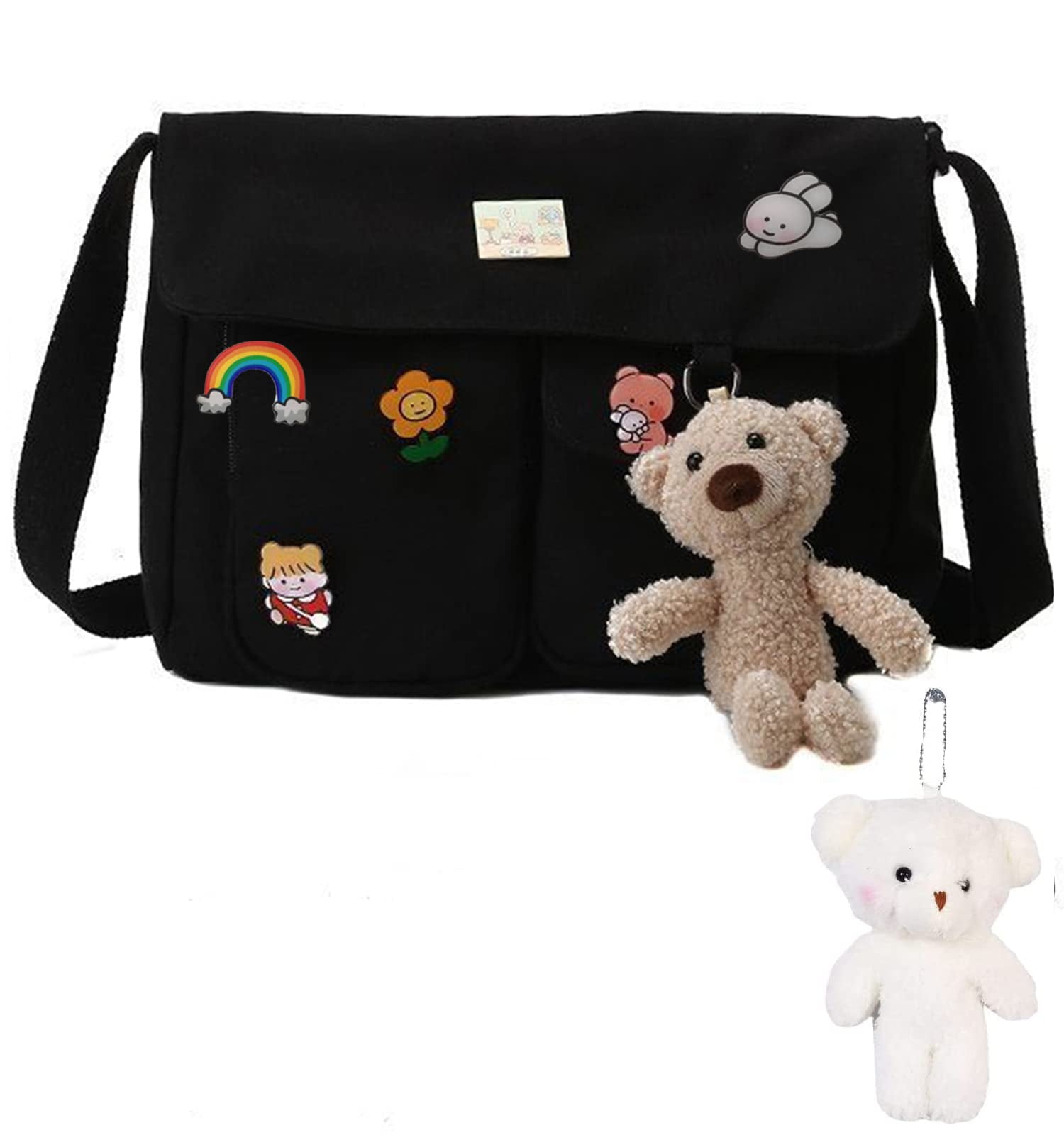 Canvas crossbody bag with kawaii pins and charm casual shoulder bag for