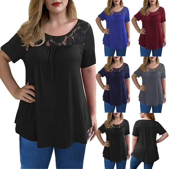 Fesfesfes Women Plus Size Short Sleeve Tops for Women Fashion Womens Plus Size Lace Pachwork Short Sleeve Round-Neck Casual Tops Blouse Tshirt 12(XXL)