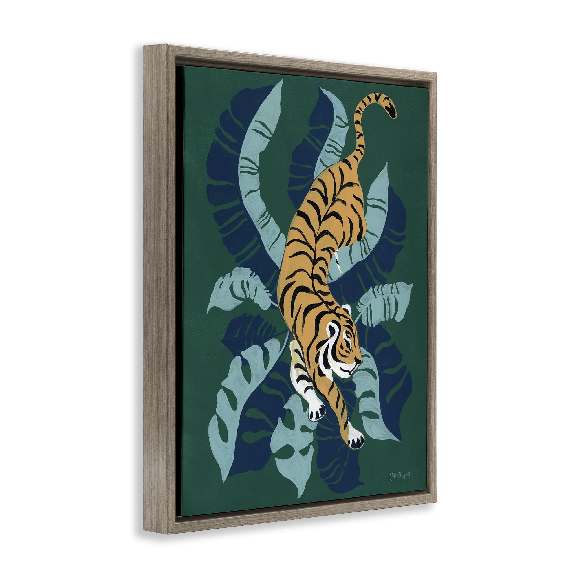 Stupell Industries Tiger Prowling over Palms Animals & Insects Painting Brown Floater Framed Canvas Art Print Wall Art, 25 x 31