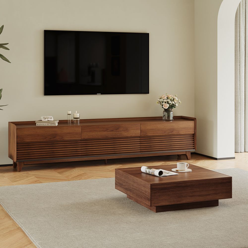 POVISON-94.49" Mid-Century Matte Sintered Stone Tabletop TV Stand, Modern Entertainment Center, Walnut Color Cabinet with Adjustable Light, Fully-Assembled, Perfect for 85-inch TVs