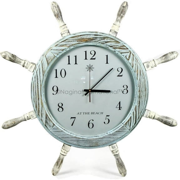 Nagina International 28" Large Antique Ocean Blue Pine Wood Nautical Pirate's Wall Ship Wheel Clock | Vintage Gift